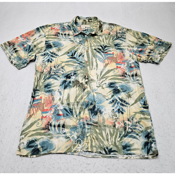 Hawaiian Shirt XLT Blue Green Cream Aloha Territory Ahead Tropical Palms Floral - Picture 1 of 5